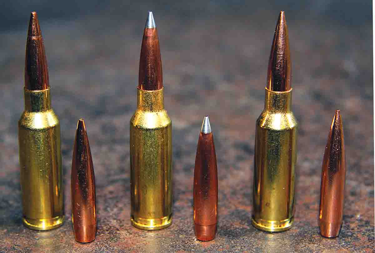 Bullets used to test the CMMG AR-15 included (left to right) the 108-grain Berger Elite Hunter, 110-Hornady A-Tip Match and the 115-grain Nosler RDF.